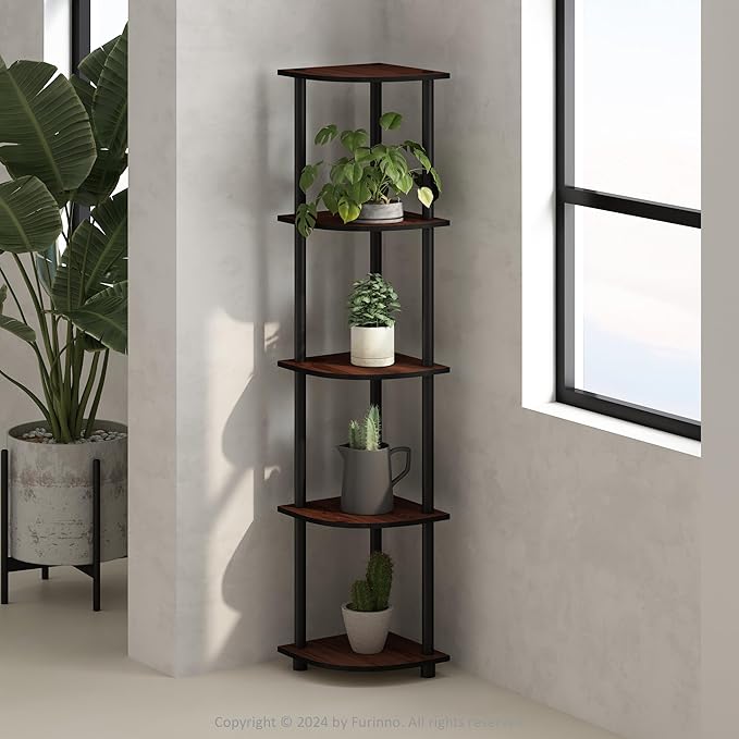 Furinno Turn-N-Tube Storage Shelves, 5-Tier Book Shelf, Corner Shelf, Toolless Open Shelves, for Organization and Storage, Living Room, Home Office, Hallway, Bedroom, Dark Cherry