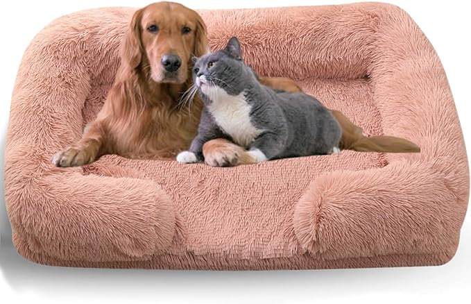 Dog Beds Medium Large Size Dog, Calming Dog Bed with Removable Washable Cover, Waterproof Lining and Nonskid Bottom(Leather Pink,L)