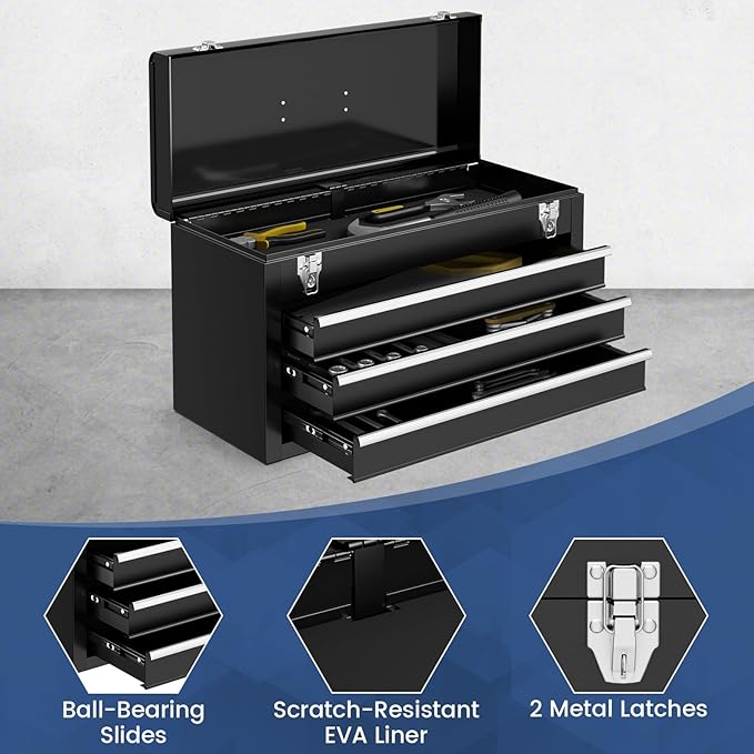 Metal Tool Box, 3-Drawer Tool Box with Carry Handle, 2 Latches & Liner, Portable Tool Chest Storage Box Organizer for Garage, Warehouse & Repair Shop (Black)