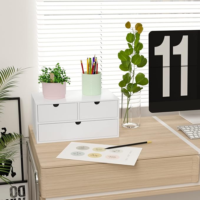 Wisuce Bamboo Desk Organizer - Mini Bamboo Desk Drawer Tabletop Cosmetic Storage Organization for Office or Home White