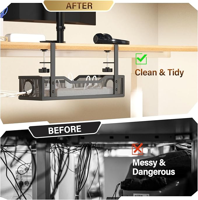 Under Desk Cable Management Large, Cinati 16" Cable Management Box for Table Thickness up to 3", Wire Cord Organizer with Clamp No Drill, No Damage to Desk (Black)