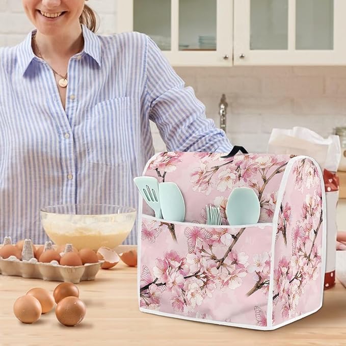Elegant Cherry Blossom Butterfly Mixer Cover Oil-Resistant Machine Washable Dust Cover for 6-8 Qt Stand Mixers with Handle & Pocket Reusable Kitchen Appliance Protector
