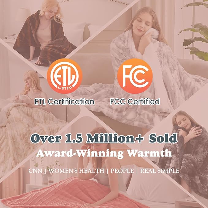 Heated Throw Blanket Faux Fur & Sherpa, Safe Electric Blanket ETL & FCC Certified, Soft Warm 6 Heating Levels & 4 Hours Auto-Off, Machine Washable, 50"x60" Dark Grey