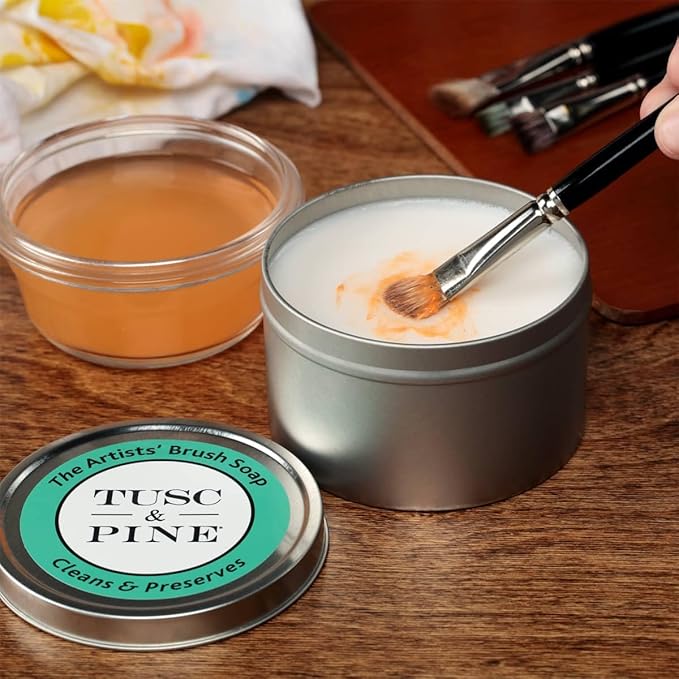 Tusc & Pine The Artists' Brush Soap - 2oz Plant-Based Brush Cleaner, Oil, Acrylic, Watercolor Paint - Nourishes Bristles; Made in North Carolina; Alkali Soap, Gentle Pine Fragrance