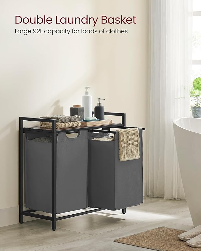 VASAGLE Laundry Hamper, Laundry Basket, Laundry Sorter with 2 Pull-Out and Removable Bags, Shelf, Metal Frame, 2 x 12.1 Gallons (46 L), 28.8 x 13 x 28.4 Inches, Slate Gray and Rustic Brown UBLH201G01