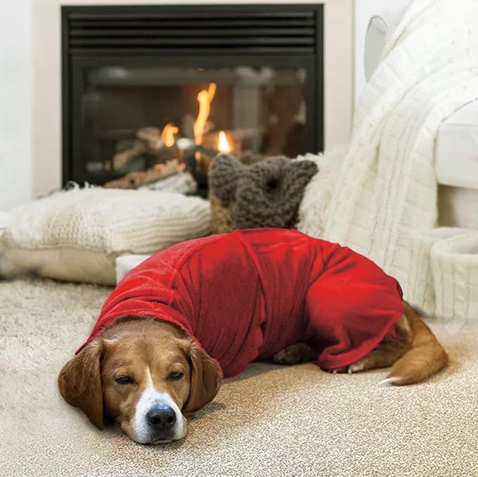 Geyecete Dog Drying Coat - Fast Drying Dog Bathrobe Towel - Microfibre Super Absorbent Pet Cat Bath Robe, Luxuriously Soft - Red - L