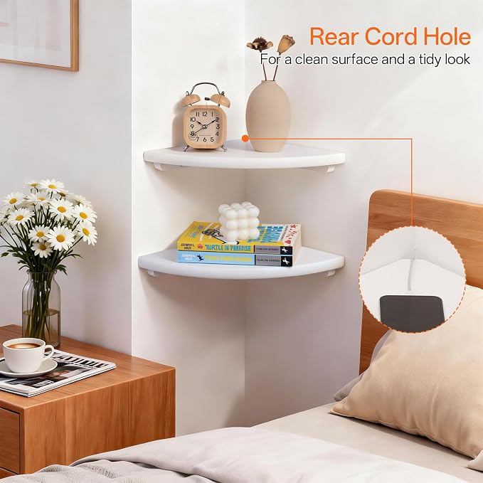 Gieanoo Floating Corner Shelves Set 2 16inch White Solid Oak Rounded Corner