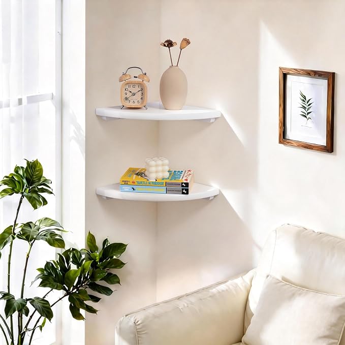 Gieanoo White Corner Wall Shelf 7inch Solid Oak Wood Floating Corner Shelf