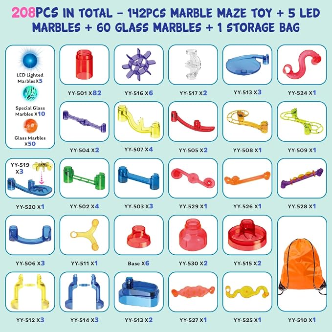 Meland Marble Run - 208Pcs Marble Maze Game Building Toy for Kids, Marble Track Race Set & STEM Learning Toy Gift for Boy Girl Age 4 5 6 7 8 9+(142 Pcs + 60 Glass + 5 Led Lighted Marbles)