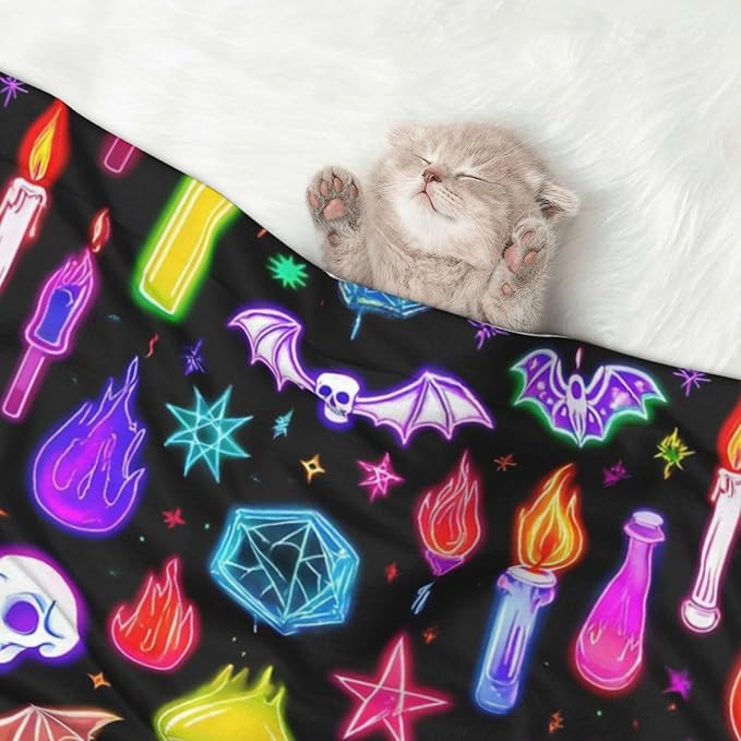 Dog and Cat Blanket in One, Halloween Goth Skull Bat Mushroom Witchy Witch, Double Sided Plush Throw with Raised Dot Pattern on One Side and Flat Velvet on Other for Variety
