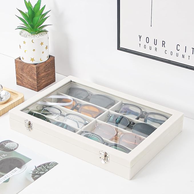 Coward Sunglass Organizer Tray Box, Beige Velvet Grids Eyeglasses Display Tray Case with Transparent Glass Lid for Home Use or Store Shop Selling Show