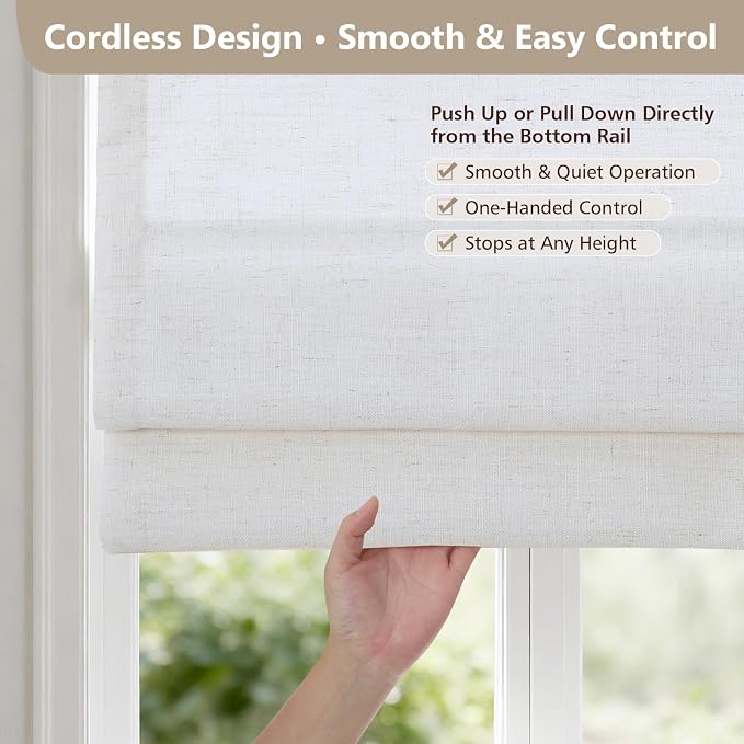 DEJAVU No Drill Cordless Blackout Roman Shades, Linen Textured Privacy Roman