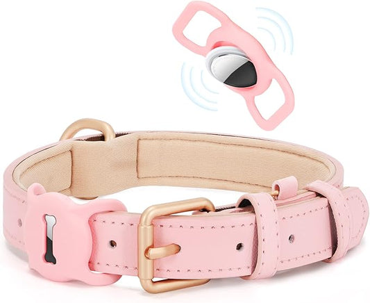WHIPPY Airtag Leather Dog Collar GPS Tracker Air Tag Puppy Collar Adjustable Soft Leather Padded Dog Collar with Airtag Holder Case for Small Medium Large Dog Pet Backpack,Pink,M