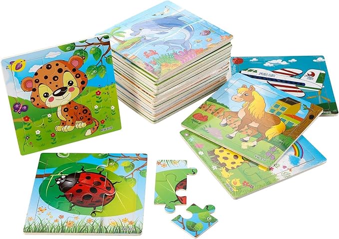 Yopay 24 Pack Wooden Puzzles for Kids,Mini Jigsaw Animal Puzzles Set for Kids Boys Girls, Early Preschool Educational Toys, 20 Animal Patterns + 4 Transportations