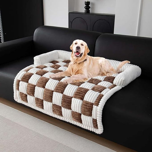 Dog Couch Cover Protector, Pet Couch Covers for Sofa, Dog Couch Cover Fuzzy Sofa Cover Cream Square Plaid Dog Bed Plush Dog Mat for Furniture Protector for Large Medium Dogs and Cats