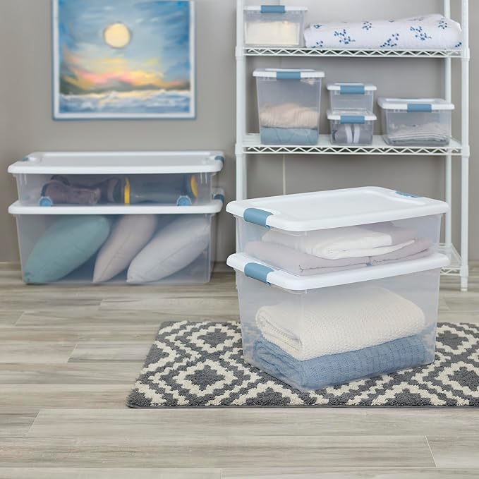 Sterilite 16-Pack Latching Box, Under Bed Storage Bins with Lids, Clear Plastic, 106 Quart - Heavy-Duty Organizing Containers for Closet, Bathroom, and Office