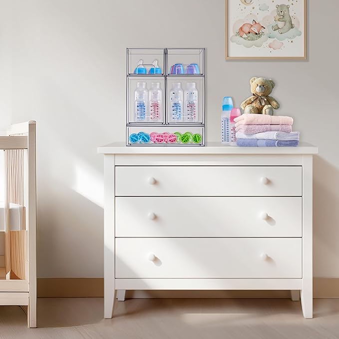 Sorbus Stackable Acrylic Storage Drawers, 4 Pack Clear Plastic Organizer Bins for Baby Bottles, Makeup, Bathroom, Vanity & Kitchen Countertop Organization, Pull-Out Drawer Design for Cabinets & Pantry