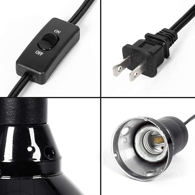 REPTI ZOO 8.5 inch Reptile Light Fixture 200W 2 in 1 E26 Base with Removable Ceramic Socket with On Off Toggle Switch in Black,Aquarium Dome Reptile UVB Light Socket Fixture (Without Bulbs)