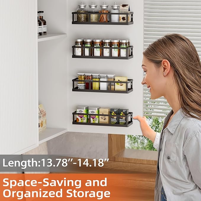 Spice Rack Wall Mounted, 4 Pack Pantry Door Organizer & Hanging Storage Baskets Organizer Wall Mount, Large Capacity Metal Spice Shelf for Kitchen Cabinet, Bathroom, Shower, Home Decor