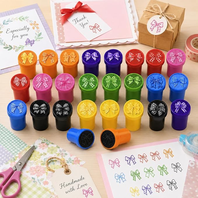 Cinrobiye 24 Pcs Bow Stampers Party Favors for Kids, Cute Pre-Inked Bow Stamps for Birthday Party, Goodie Bag Stuffers, Classroom Rewards, Carnival Prizes, Pinata Fillers, Kids Toys, Party Gifts