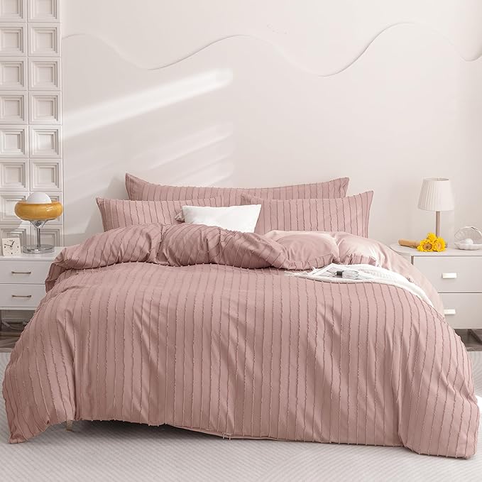 JELLYMONI Duvet Cover King Size Smokey Pink - 3PCS Boho Striped Duvet Cover Set Polyester Tufted Bohemian Textured Comforter Cover 104×90in with Corner Ties & Zipper and 2 Pillowcases