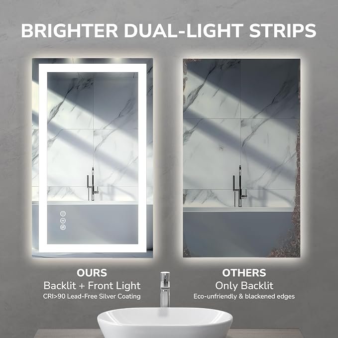 USHOWER LED Bathroom Mirror 20x28 Inch Tempered Glass