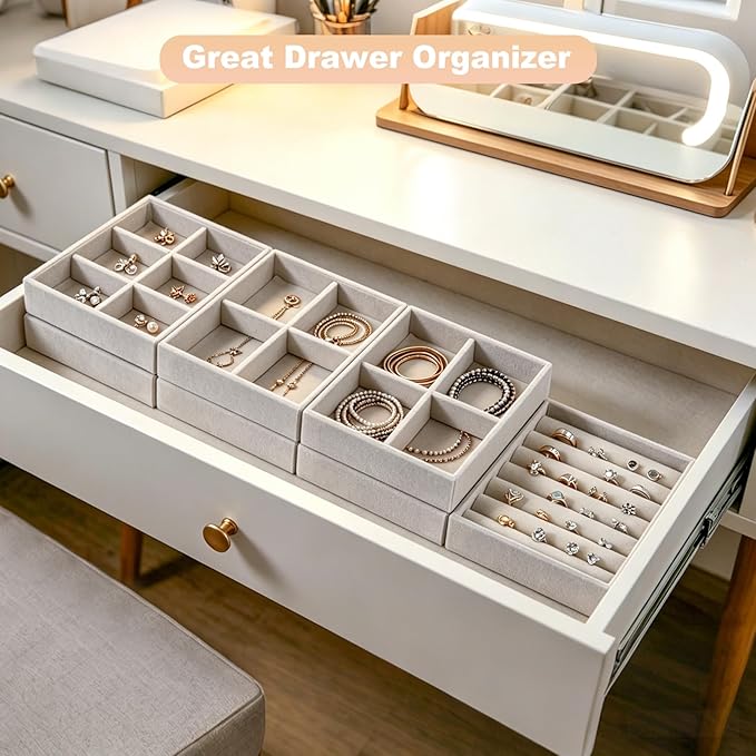 8-Piece 6" Velvet jewelry drawer organizer inserts Removable Dividers, Stackable Drawer Organizer for Rings Earrings Makeup, Vanity Dresser Storage