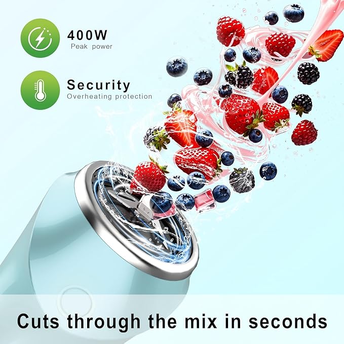 Portable Blender Mint Blue,Personal Blender with 13.5oz ABS Cup, 4-Blade Stainless Steel, One-Button Operation for Smoothies, Shakes, Juices - Home, Office, Gym, Travel