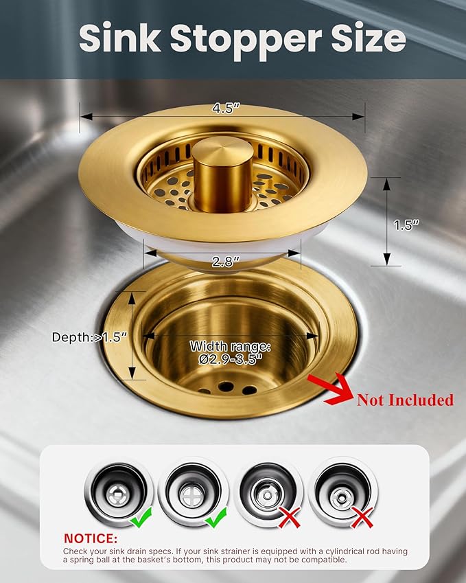 ARCORA Kitchen Sink Drain Strainer: Stainless Steel 3 in 1 Sink Stopper with Anti-Clogging Basket, Kitchen Strainer with Brass Bounce Core for Standard 3-1/2 Inch Drain, Brushed Gold