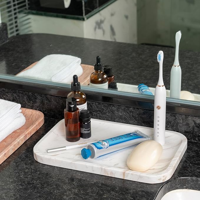 Marble Vanity Tray, Marble Bathroom Tray Countertop, Decorative Trays for Dresser Organizer, White Stone Storage Serving Trays for Kitchen, Perfume, Jewelry Cathall Holder