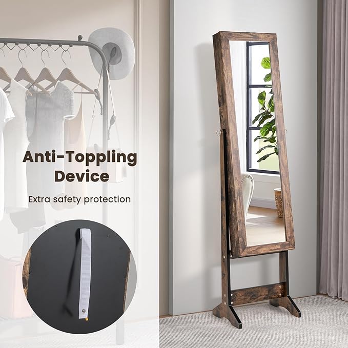 COSTWAY Jewelry Armoire Cabinet, Standing Jewelry Organizer with Full-length Mirror & 3 Adjustable Angles, Large Storage Capacity Jewelry Cabinet for Bedroom, Dressing Room (Brown)