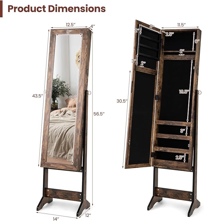 COSTWAY Jewelry Armoire Cabinet, Standing Jewelry Organizer with Full-length Mirror & 3 Adjustable Angles, Large Storage Capacity Jewelry Cabinet for Bedroom, Dressing Room (Brown)