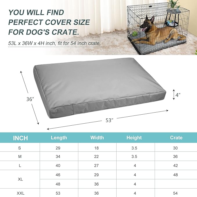 Explore Land Waterproof Dog Bed Cover Canvas Washable Dog Crate Pad Replacement Cover for 54 Inch Crate, 53Lx36Wx4H inch, Gray