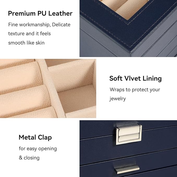 Voova Jewelry Box Organizer for Women Girls, 3 Layer PU Leather Jewelry Storage Case with Glass Lid & 2 Drawers, Large Jewellery Display Holder for Necklaces Rings Earrings Bracelets, Navy Blue