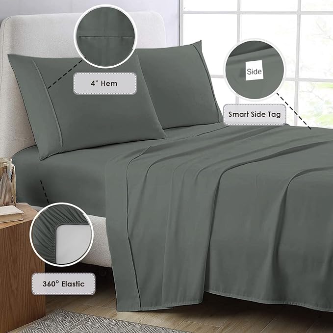 Pizuna Pure 100% Cotton King Size Sheets, 800 Thread Count Long Staple Cotton Crisp Sateen with 15in Deep Pocket (Dark Grey)