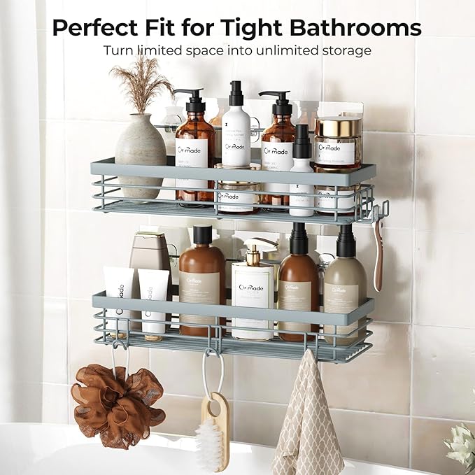 Orimade Shower Caddy with 5 Hooks for Hanging Razor and Sponge Adhesive Shower Shelf Basket Bathroom Storage Organizer Kitchen Rack No Drilling Stainless Steel Rustproof - 2 Pack, Light Blue Grey