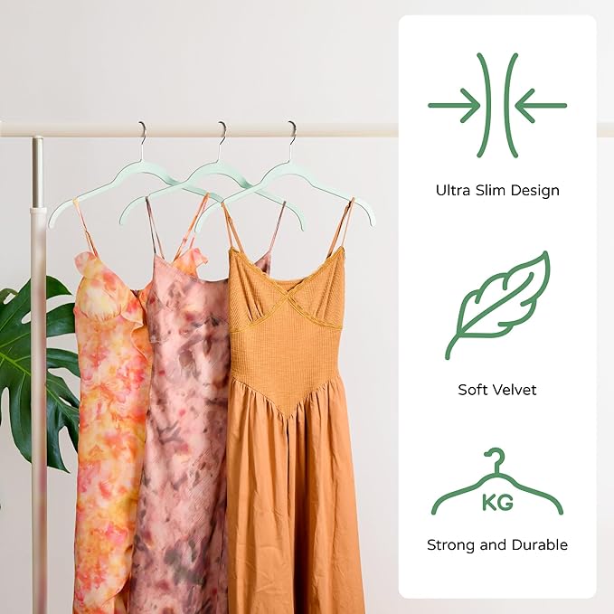 30 Pack Velvet Hangers – Non-Slip Slim Clothes Hangers with 360° Swivel Hook, Space-Saving Flocked Shirt Hangers for Coats, Dresses, Blouses, Suits(Green)