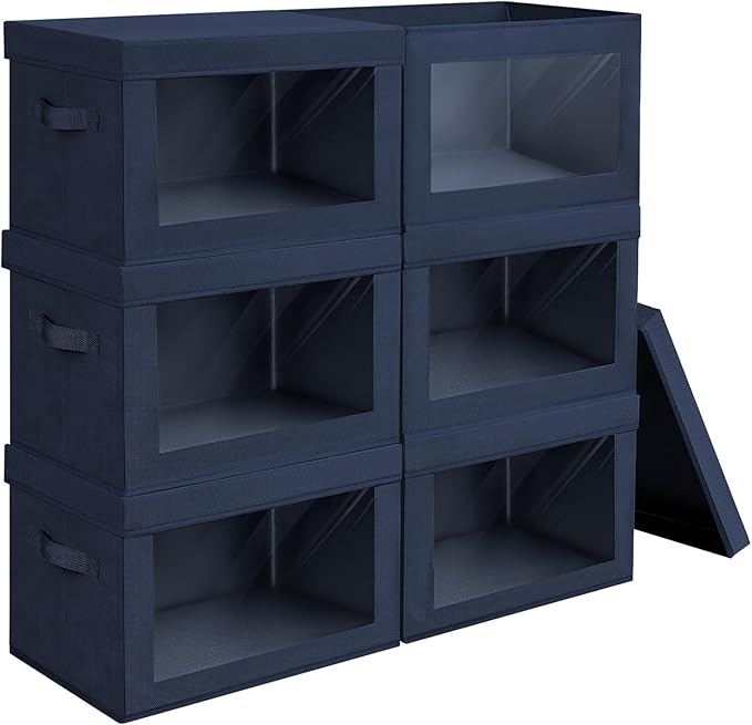 Stackable Storage Bins with Lids - Large Storage Box with Lids, Foldable Closet Boxes for Organizing, Wardrobe Clothes Organizer with Window, Cubes Bins for Living Room, 6 Pack, Navy Blue