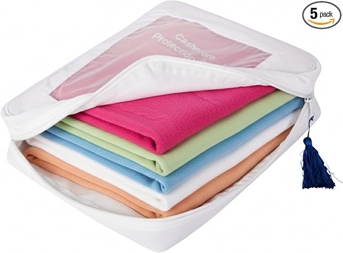 The Cashmere Choice 5 Pack Cashmere Wool Sweater Storage Bags Moth Proof – 100% Cotton Breathable Clothes Protection Pouch – XL