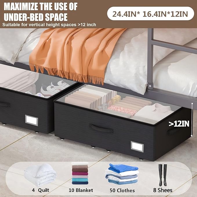 Underbed Storage With Wheels, No Assemble Required 12 inches Height Under bed Storage Bins,Large Capacity Rolling Shoe Storage Containers，Dorm clothes Storage