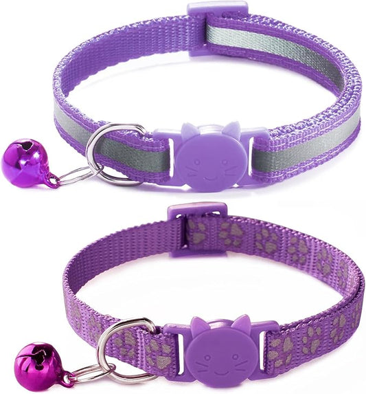 Purple Reflective Cat Collar with Bells, [2 Pack] Break Away Kitten Collar with Bells, Breakaway Cat Collar for Boy Cats Kitty