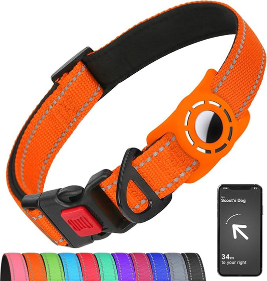 Airtag Dog Collar with AirTag Holder for Puppy Small Dogs, Reflective, Soft Padded & Safety Locking Buckle, Nylon Pet Collars Adjustable for All Breeds, Orange,XS