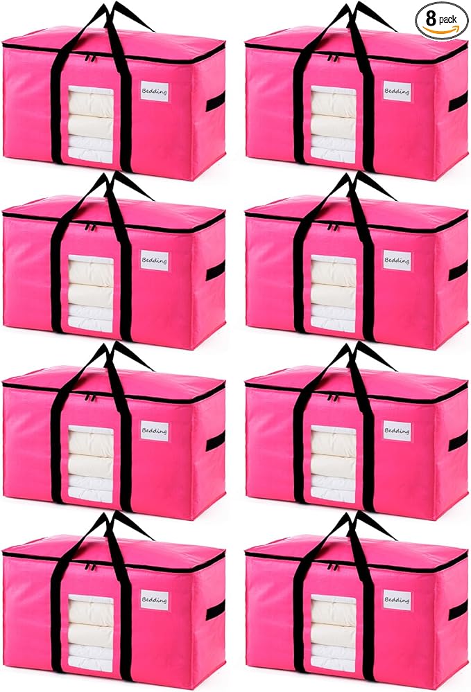 TAILI 8 Pack Pink Extra Large Moving Bags, Heavy Duty Totes with Visible Window, Wrap Around Handles, Space-Saving Storage, Alternative to Moving Boxes