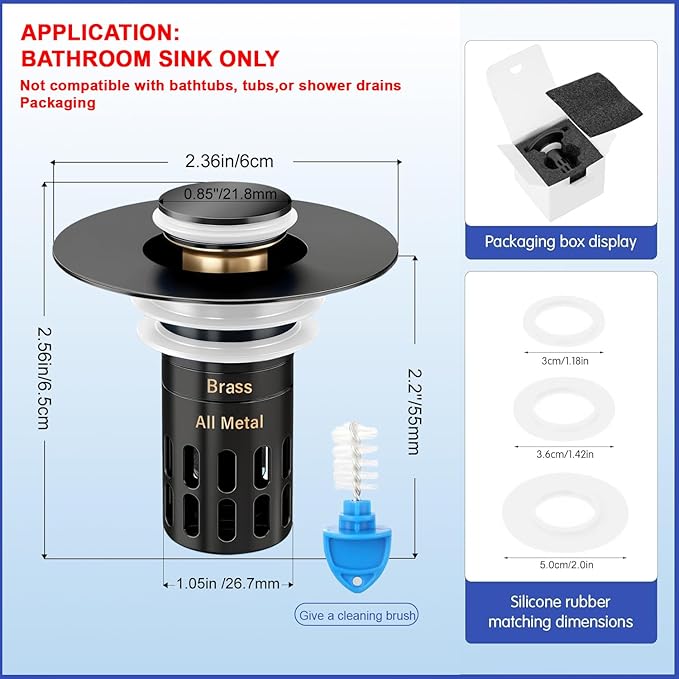 (All Metal) Bathroom Sink Stopper,Pop Up Drain for Bathroom Sink,Sink Stopper Hair Catcher,Silent Popper Core w/Removable Stainless Steel Filter Basket,Sink Drain Plug Fit for 1.05~2.0''Basin