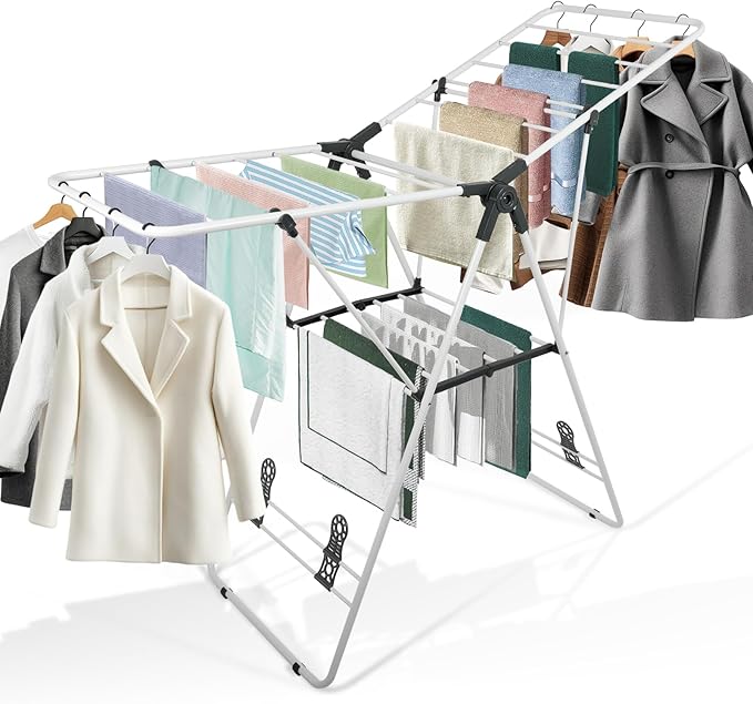 Clothes Drying Rack Foldable, Metal Laundry Drying Rack, with Height-Adjustable Wings, Space Saving, Indoor Outdoor Use, White Free-Standing Airer