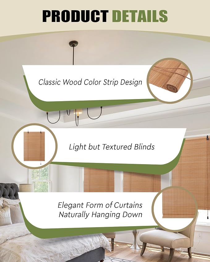 Foundgo Bamboo Shades 24" W x 64" H Light Filtering Bamboo Blinds