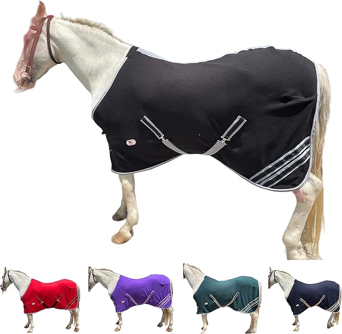 Majestic Ally Anti Pill Fleece Horse Blanket/Sheet with Silver Braided Rope (Black, 82)