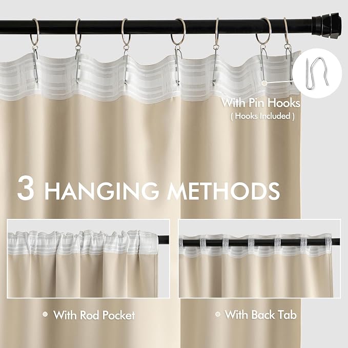 MIULEE Back Tab Cream Beige Curtains 102 Inch Long 2 Panels Set