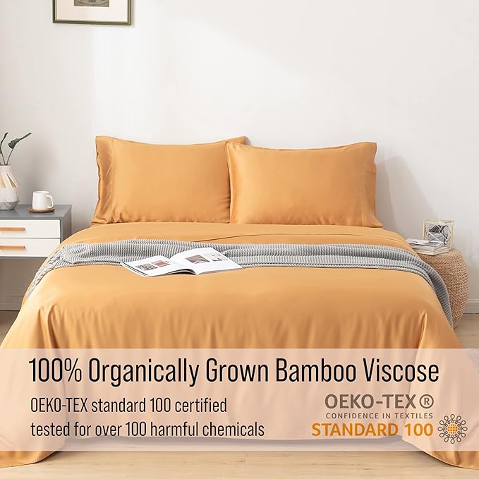 Bella Coterie Luxury Bamboo Viscose Cal King Size Sheet Set | 100% Organically Grown | Ultra Soft | Cooling for Hot Sleepers | 18" Deep Pocket [Marigold]