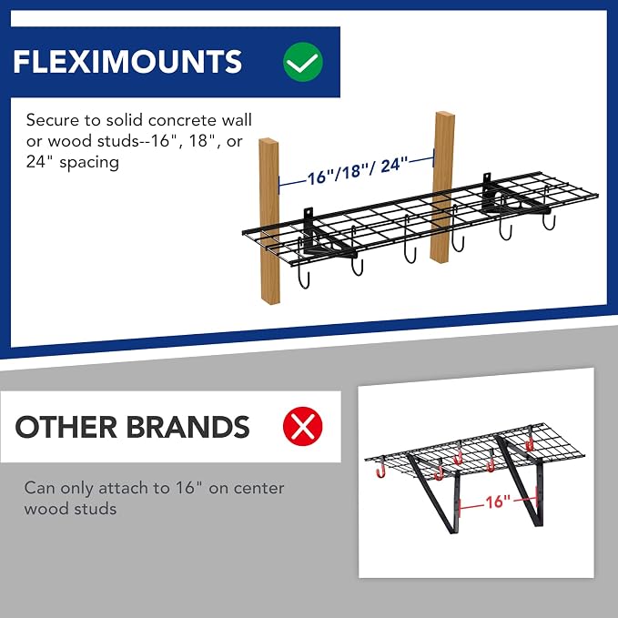 FLEXIMOUNTS Garage Wall Shelving, 1x4 ft, Includes 6 Bike Hooks, Wall Shelf